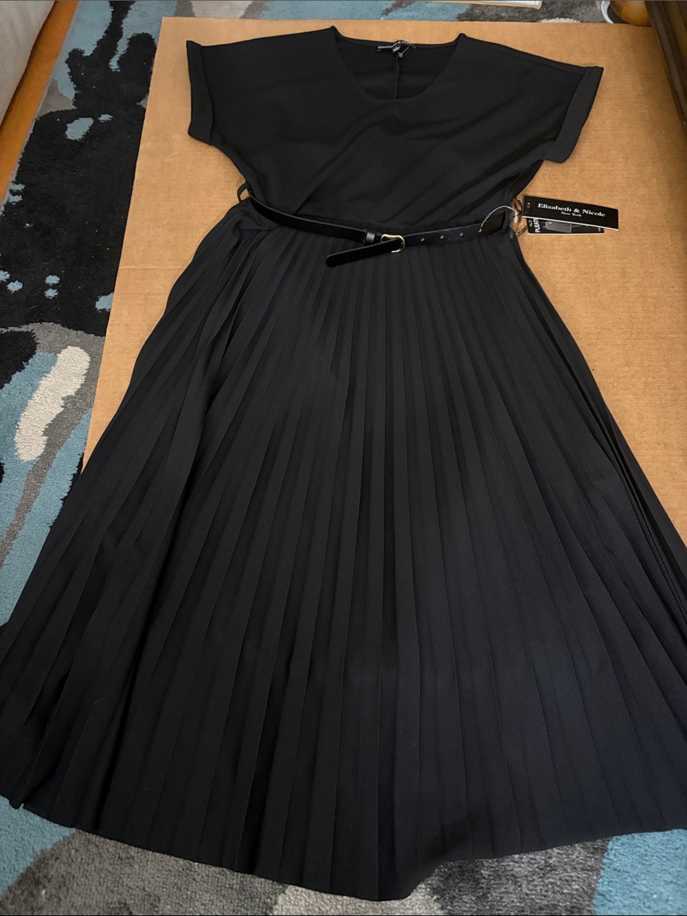 Elizabeth & Nicole Black Pleated Midi Dress with Belted Waist